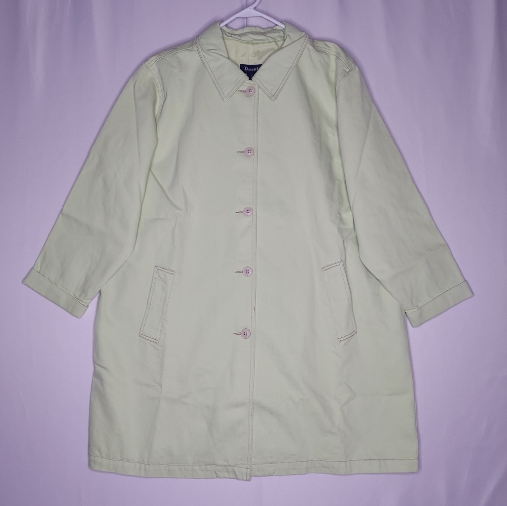Denim&Co Trench Coat Womens 3X Green Cotton Pocket Collar Button Longline Lined
